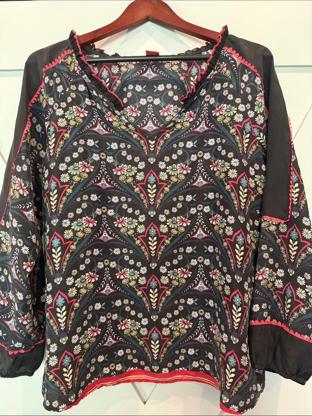 Sundance Black Floral-Print Peasant Tunic with Pink & Teal Accents